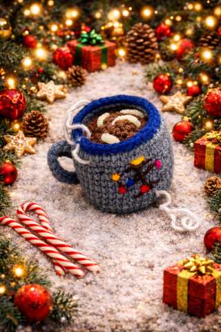 Knitted mug of hot chocolate with marshmallows surrounded by Christmas decorations.