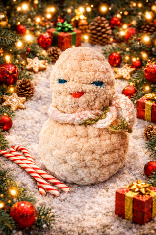 Decorative snowman surrounded by Christmas decorations including lights, candy canes, and gift boxes.