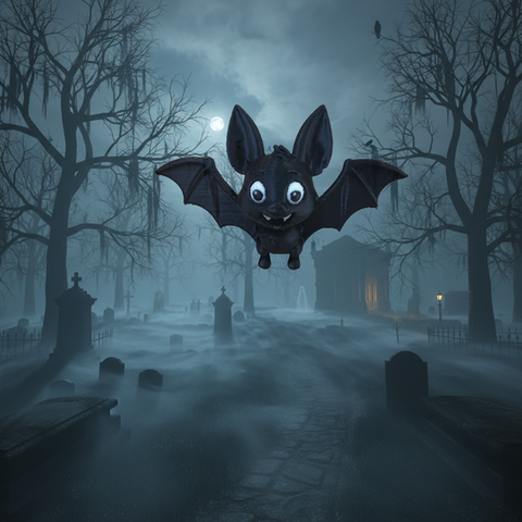Cartoon bat flying over a misty cemetery with tombstones and a moonlit sky.