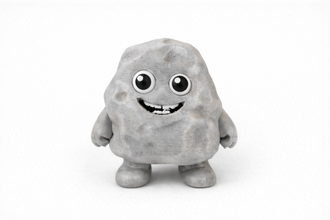 Gray 3d-printed pet-rock toy with a happy expression on a white background