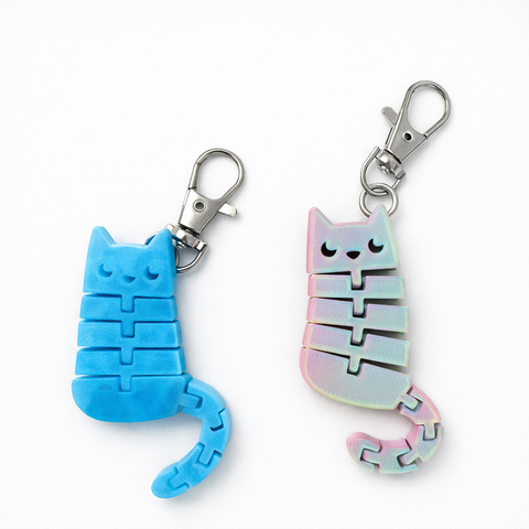 Two cat-shaped keychains, one blue and one iridescent, on a white background.