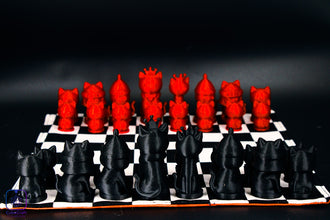 Chess set with red and black pieces on a checkered board