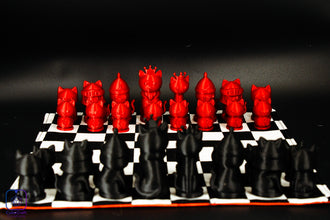 Red and black chess pieces on a checkered board with a dark background