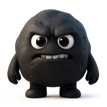 Black pet-rock creature with large eyes on a white background