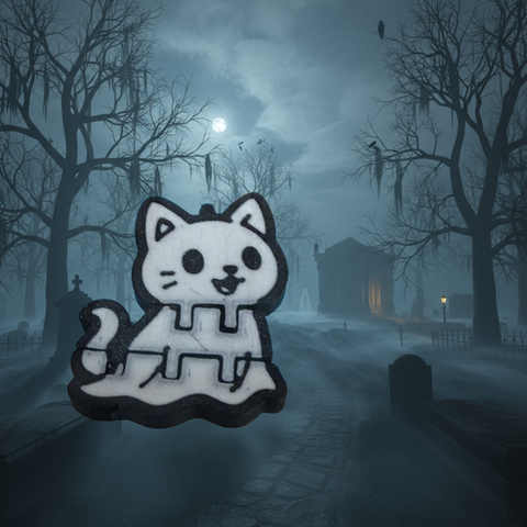 Cartoon cat flexi over a spooky cemetery background