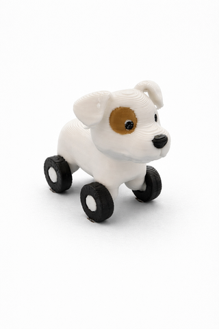 white dog with brown eye spot that has wheels for legs set against a white background.
