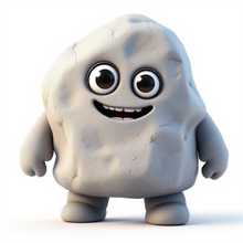 Cartoon pet-rock with large eyes and a happy expression on a white background