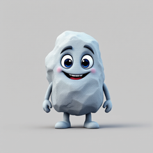 Cartoon pet rock character with a happy expression on a gray background
